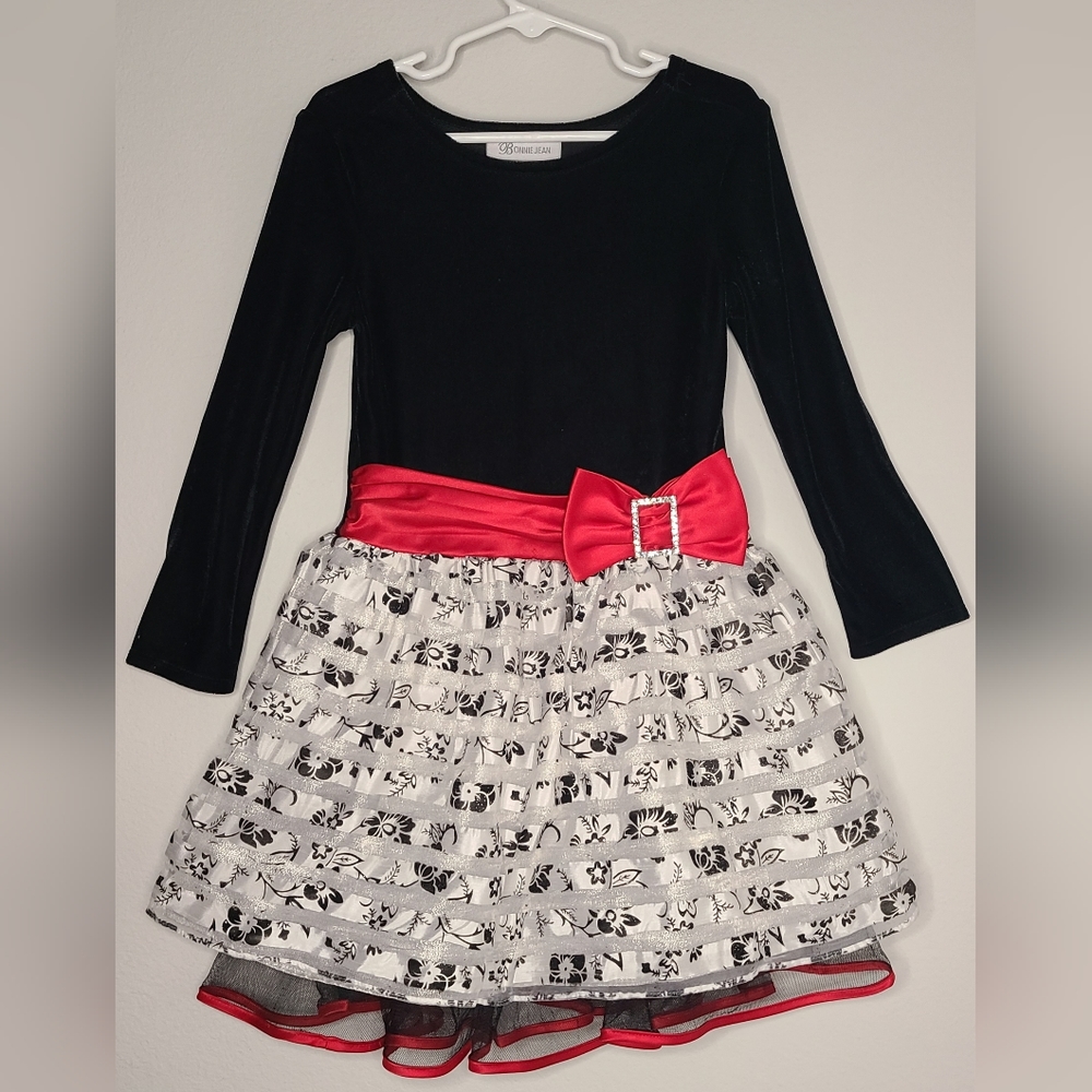 Bonnie Jean - Girl's Black White Pink LS Floral Holiday Dress, Sz 5